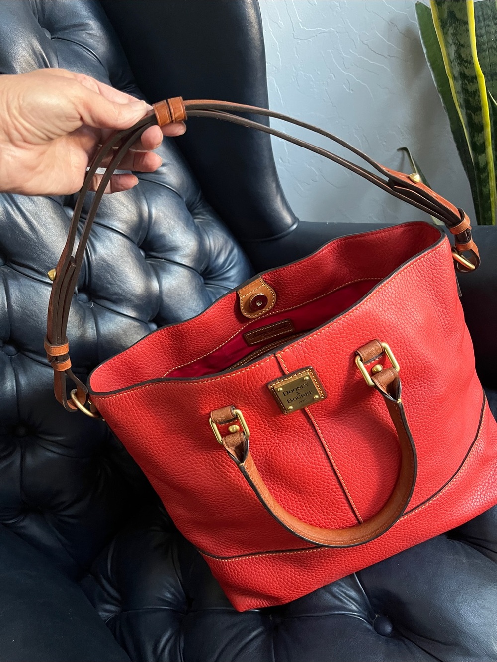 Dooney & Bourke Red Pebbled Leather Satchel with Brown Trim - Picture 2 of 12